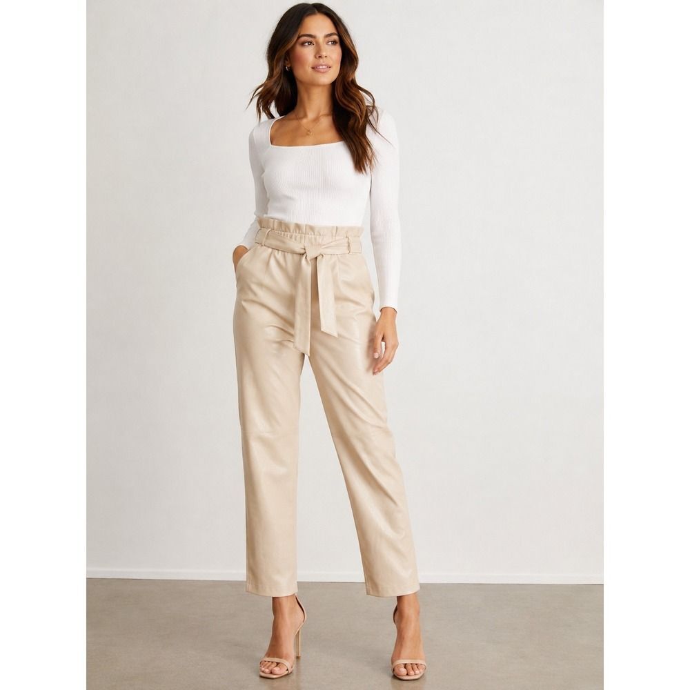 Bagatelle Collection Beige Faux Leather Paperbag Pants Medium Belted NWT